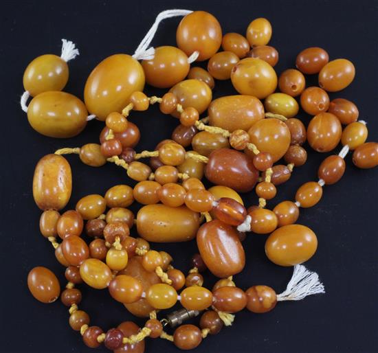 A single strand amber bead necklace and a small quantity of loose amber beads, necklace 30in.